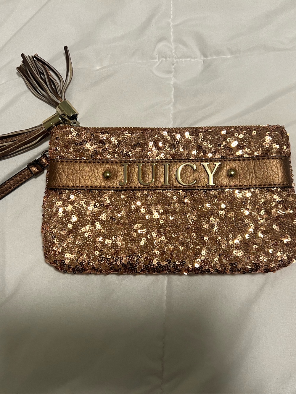 Juicy Couture Rose Gold Sequin Wristlet Clutch with Tassel